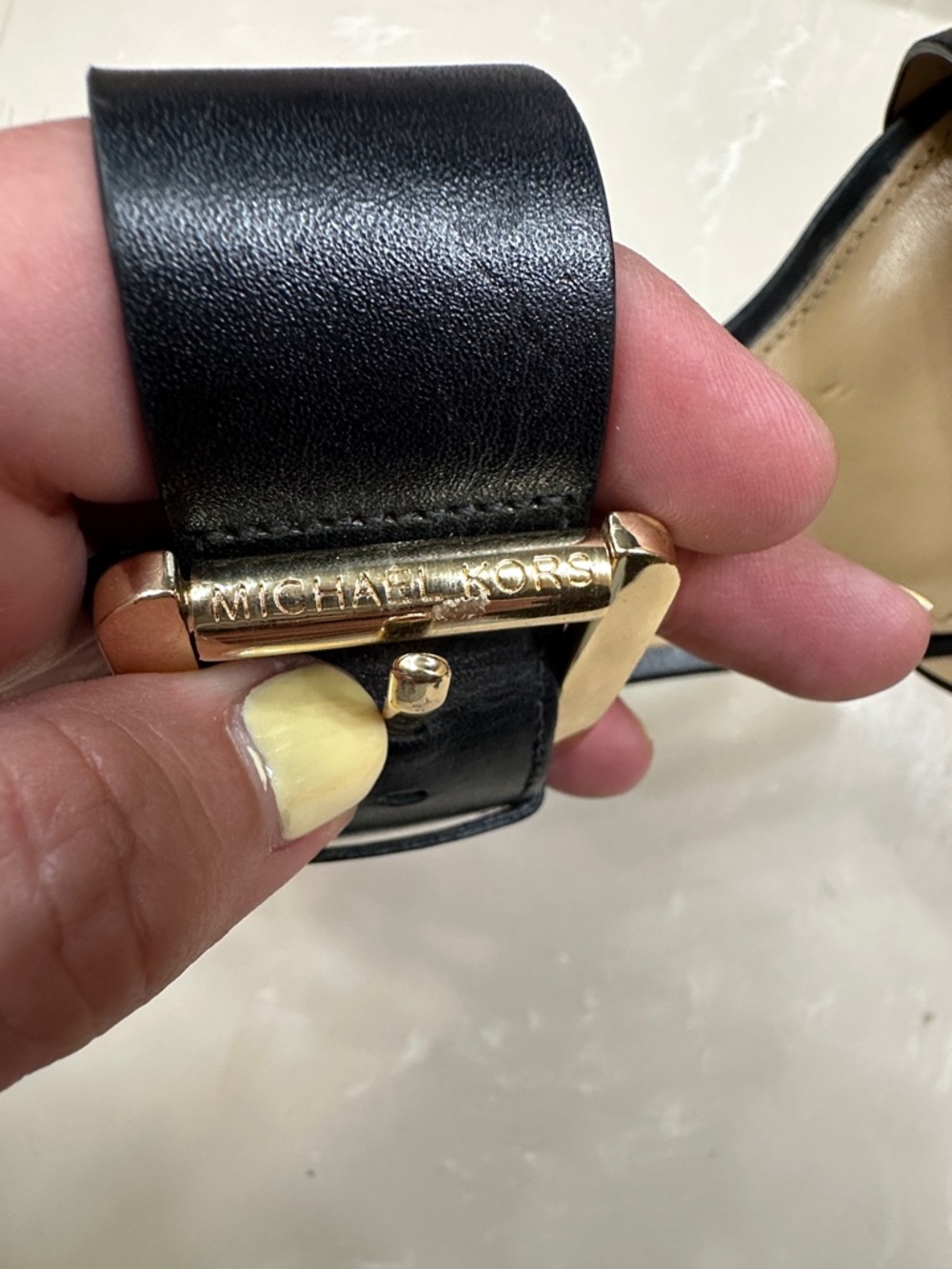 Michael Kors Black Leather Block Heel Sandals with Gold Buckle - Picture 3 of 8